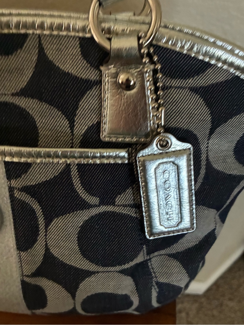 COACH Navy Signature Denim Canvas Tote with Silver Accents - Picture 3 of 8